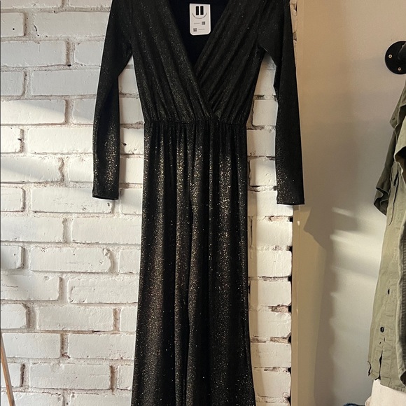 Black Sparkle Long Sleeve Wrap Maxi Dress flare leg sparkly - Picture 3 of 8